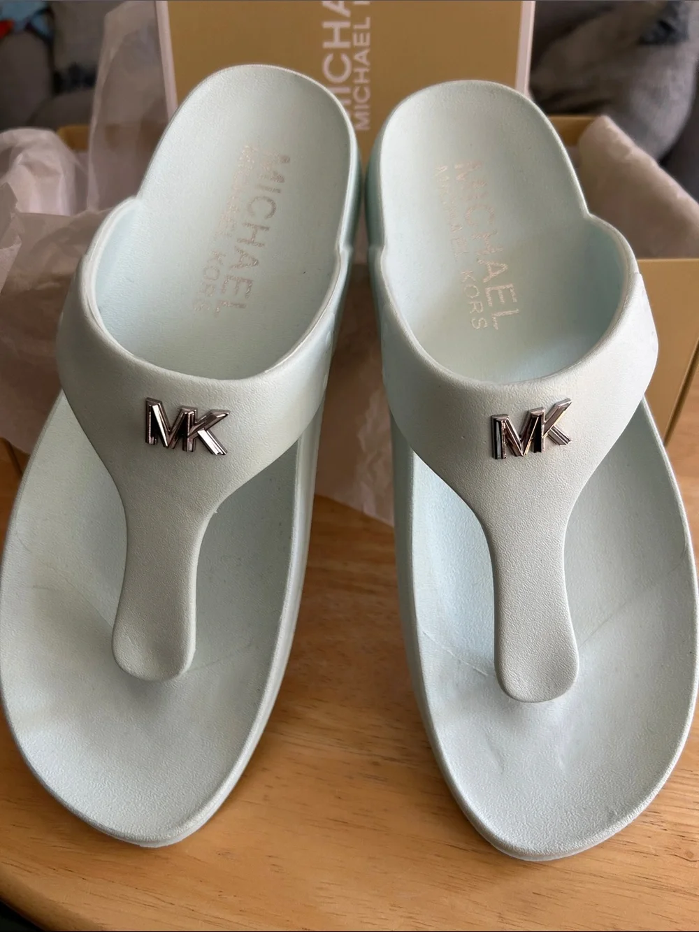 Michael Kors White Thong Sandals with Rose Gold MK Logo